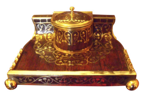 SOLD Art Nouveau Erhard & Söhne Brass Inlay Rosewood Inkwell