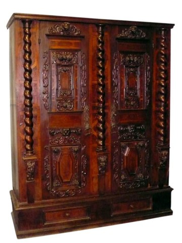 1680 South German Fassadenschrank Cabinet Carvings and Parquetry 