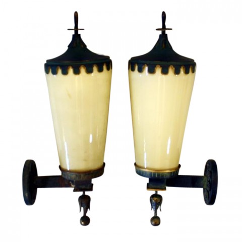 Pair Art Deco Milk Glass and Metal Sconces SOLD