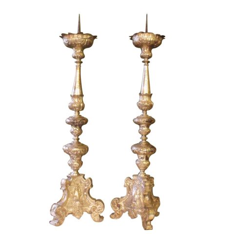 SOLD 1800 Pair Baroque Prickets Altar Candlesticks