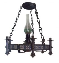 SOLD Circa 1900 Arts and Crafts Neo Gothic Wrought Iron Brass Candelabra Oil Lamp