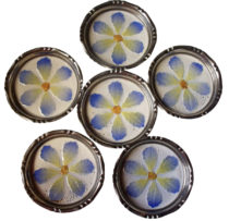 Set of Six German Art Nouveau Ceramic Metal Rim Floral Daisies Coasters