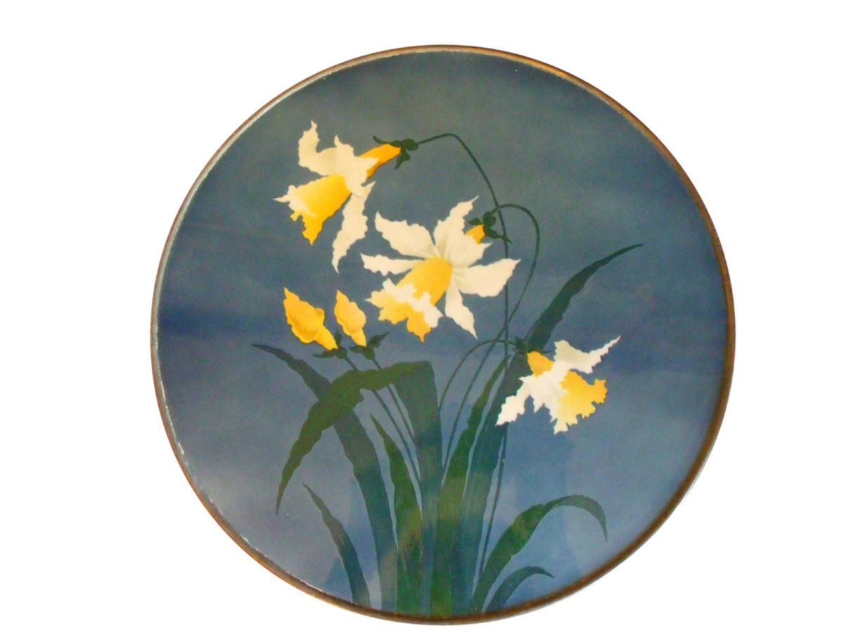 SOLD 1910s Art Nouveau Ceramic Floral Daffodils Cake Plate Trivet
