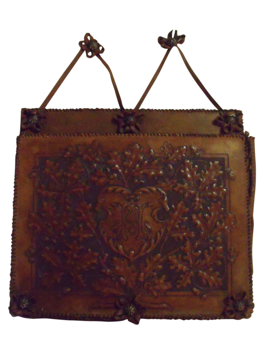 19th Century German Hand Tooled Leather Wall Pocket Newspaper Holder