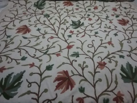 5 yards Vintage Beautiful Woolen Crewel Leaf Pattern on Cotton Ecru
