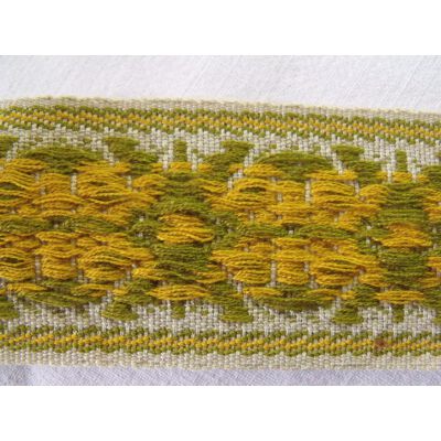 Vintage Lyon France 2 1/4" wide Woven Wool Tape Green Gold Cream