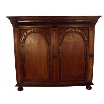 Circa 1650 Dutch Two-door Carved Oak Cabinet